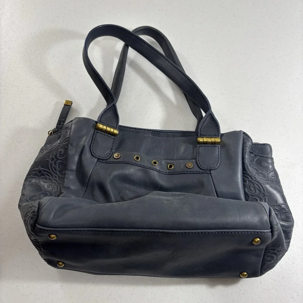 The Sak Serena Leather Handbag Navy Blue Tobacco Souk Floral Embossed